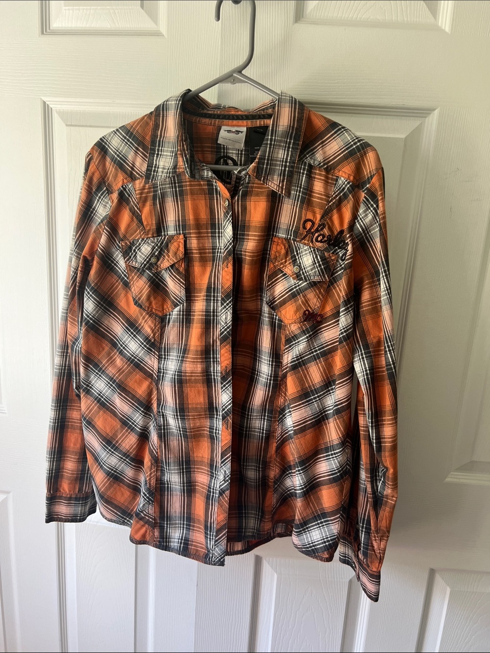 Harley-Davidson Orange and Black Plaid Button-Down Shirt